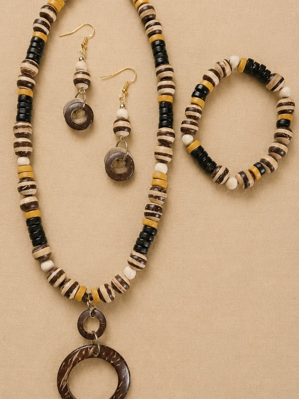 Hand Crafted Brown, Black & Cream Beaded Necklace Set